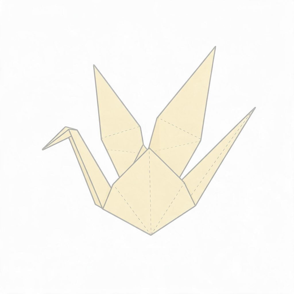 20261028091237190-jimeng-2026-10-28-5133-扁平化手绘教程插画，纯白背景，俯视略倾斜视角，居中构图。一只完成的浅米黄色千纸鹤...